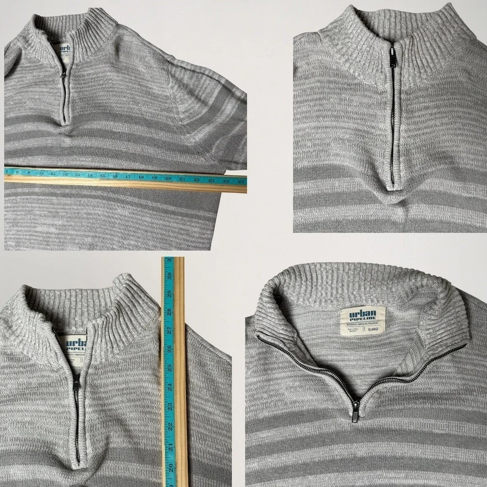 Urban Pipeline Mens 1/4 Zip Striped Old Money Sweater Size XL Gray Preppy Layers